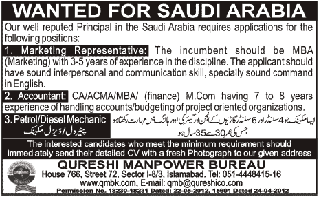 Marketing Representatives and Accountant Required by Qureshi Manpower Bureau
