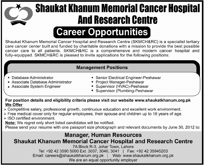 Management Jobs at Shaukat Khanum Memorial Cancer Hospital and Research Centre