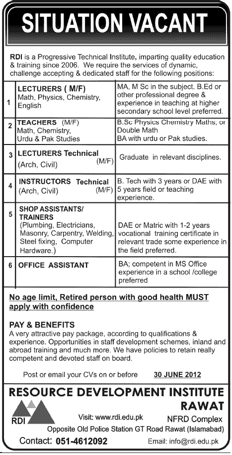 Teaching Staff and Office Assistant Required at RDI Technical Institute