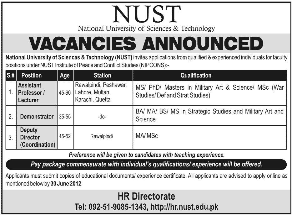 NUST National University of Science & Technology Required Teaching and Non Teaching Faculty