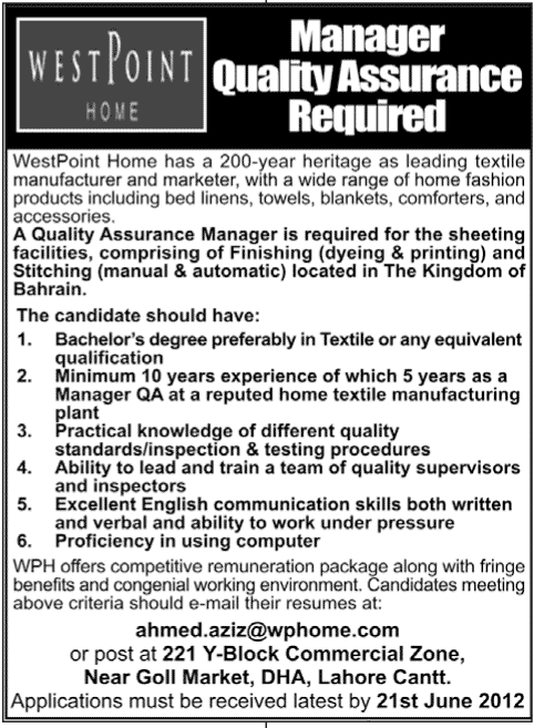 Manager Quality Assurance Required by a Textiel Manufacturing Company