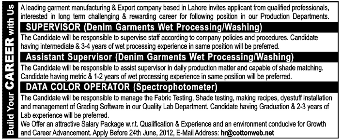 Technical Staff Required at Garment Manufacturing & Export Company