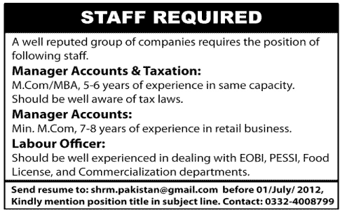 Management Staff and Labour Officer Required