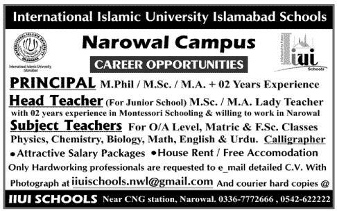 International Islamic University Islamabad Schools (IIUI Schools) Required Administration Staff and Subject Teachers