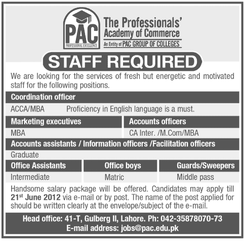 Administrative Staff Required at The Professionals' Academy of Commerce (PAC)