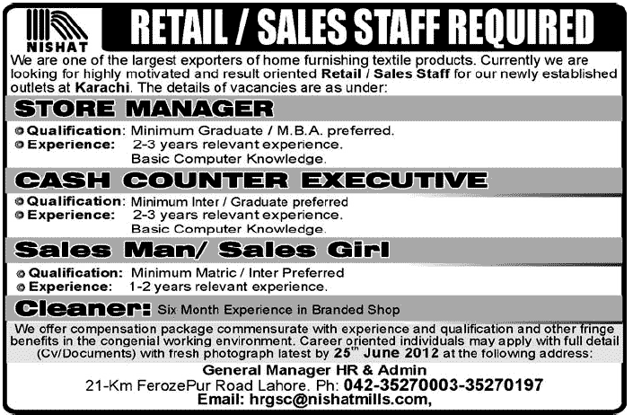 Management and Sales Staff Required