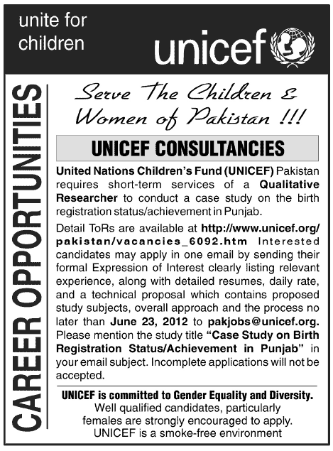 Qaulitatives Researchers Jobs at UNICEF Pakistan