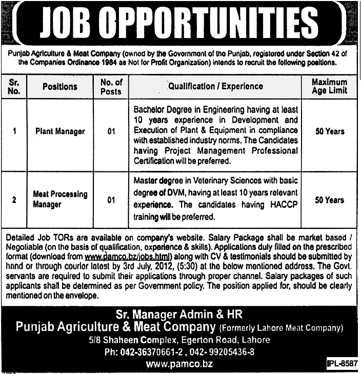 Management Jobs at Punjab Agriculture & Meat Company (Owned by the Government of Punjab) (Govt. job)
