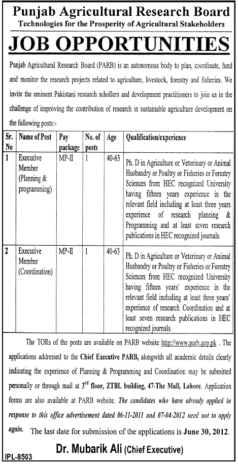 Research Schollers and Development Practitioners Required by Punjab Agricultural Research Board (PARB) (Govt.jo)