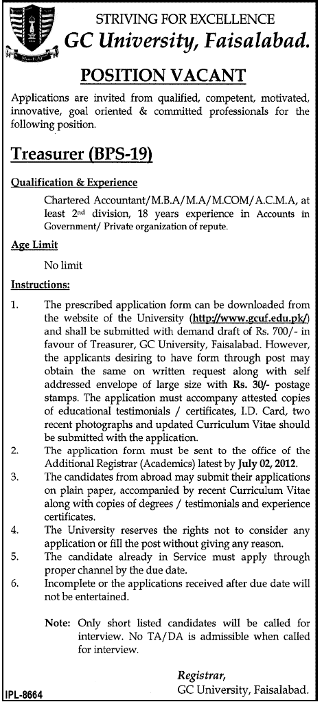 GC University Required Treasurer (BPS-19) (Govt. job)