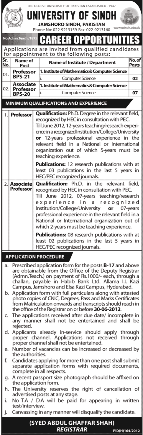 Teaching Faculty Required at University of Sindh (Govt.job)