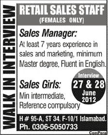 Sales Manager and Sales Girls Required (Females Only)