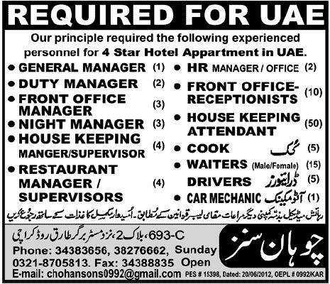 Hotel Management Supporting Staff Required at 4 Star Hotel Appartments