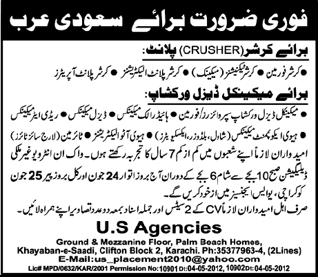 Technical Staff Required for Crusher Plant and Mechanical Diesel Workshop