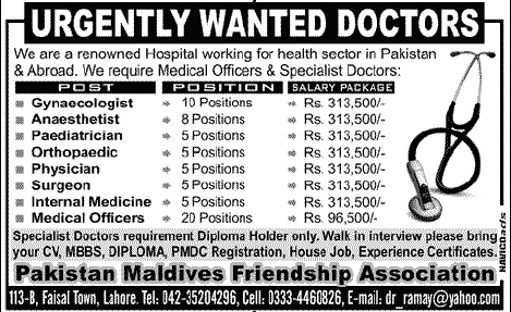 Doctors and Specialists Required by a Renowned Hospital