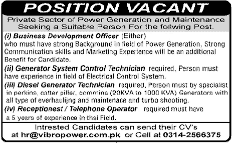 Technicians and Business Development Officer Required by Private Sector Power Generation