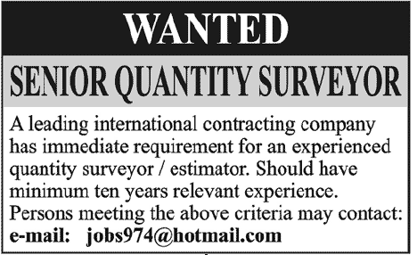 Senior Quantity Surveyor Required by a Contracting Company