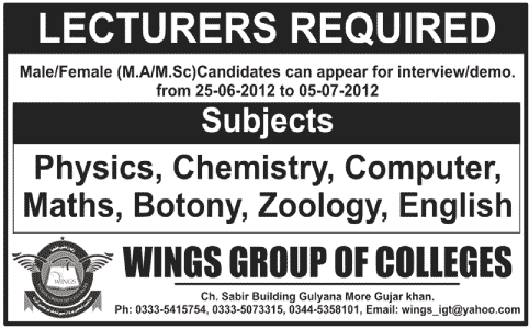 Lecturers Required by WINGS Group of Colleges