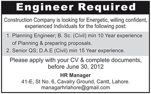 Planning Engineer and Senior QS Required by a Construction Company