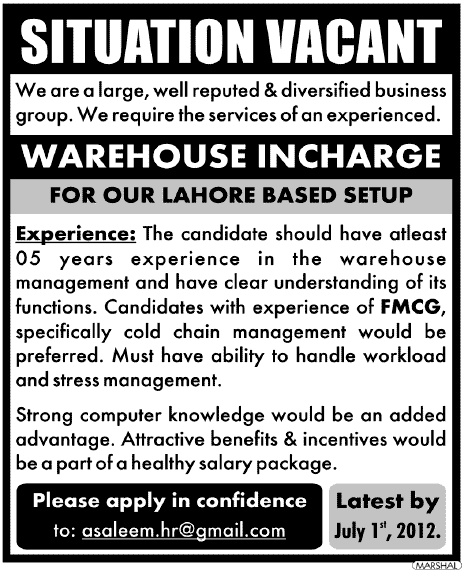 Warehouse In-charge Job