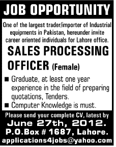 Sales Processing Officer (Female) Required