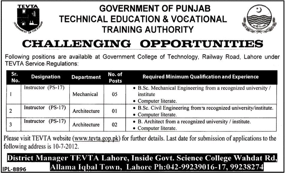 TEVTA Requires Instructors in Government College Railway Road