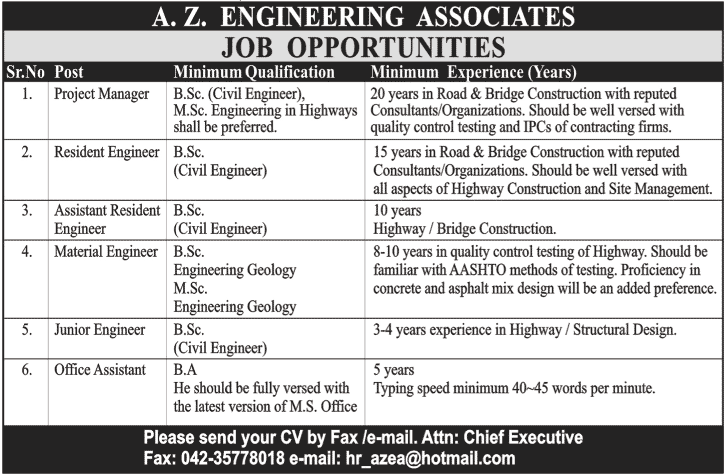 Civil Engineering Management Staff and Office Assistant Required by A.Z Engineering Associates