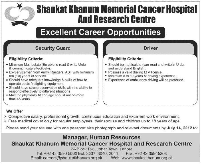 Security Guard and Driver Needed at Shaukat Khanum Memorial Cancer Hospital And Research Centre