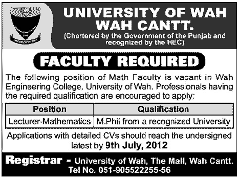 University of Wah Requires Lecturer in Mathematics