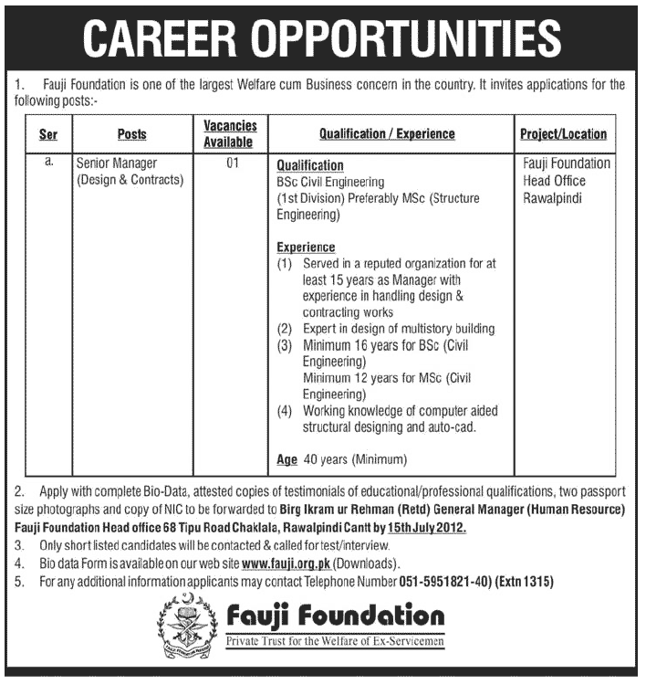 Senior Manager Required at Fauji Foundation