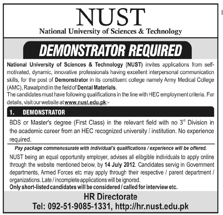 Demonstrator Required at Army Medical College Under NUST