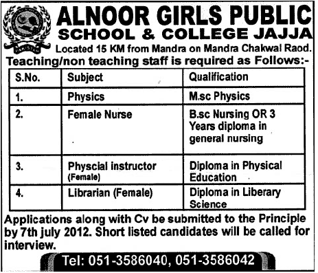 Teaching and Non-Teaching Staff Required at Al-Noor Girls Public School & College