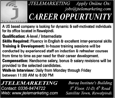 Telemarketing Staff Required by US based Company