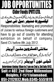 Export Manager Required by Cider Foods (Pvt) LTD.