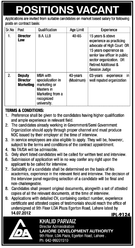 Director Law and Deputy Director Marketing Required at LDA (Lahore Development Authority) (Govt. job)
