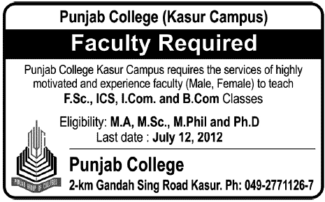 Punjab College (Kasur Campus) Requires Teaching Staff