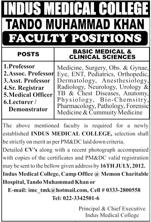 Medical Teaching Staff Required at Indus Medical College