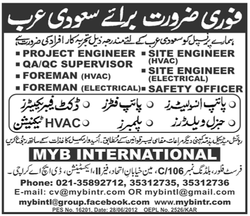Engineering Staff and Foremen Required for Saudi Arabia