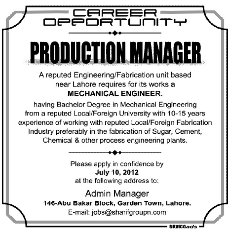 Production Manager and Mechanical Engineer Required