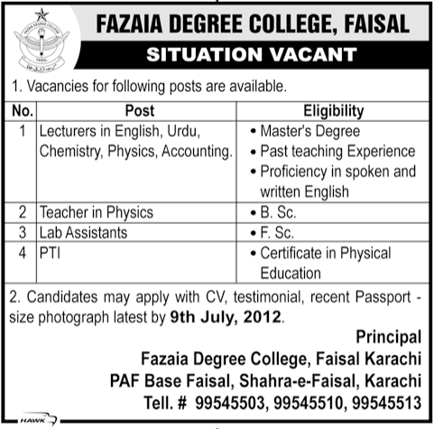 Fazaia Degree College, Faisal Requires Teaching Staff