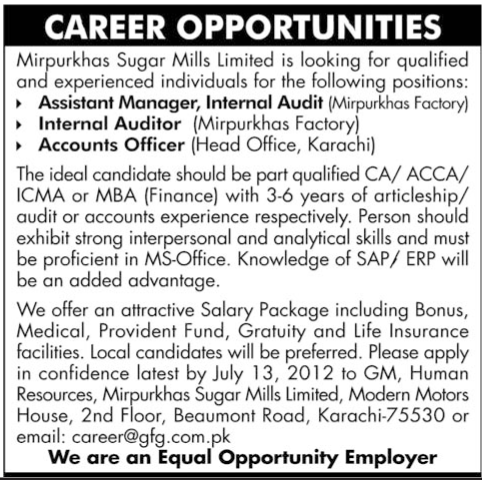 Accounts and Management Staff Required at Mirpurkhas Sugar Mills