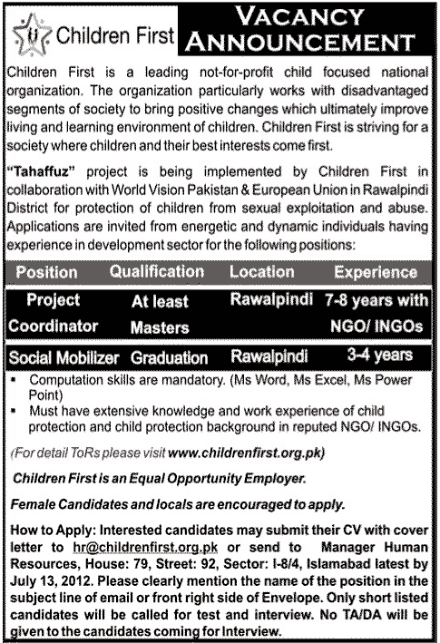 An NGO Requires Project Coordinator and Social Mobilizer for Child Protection Project