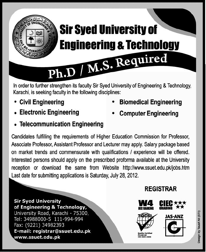 Teaching Faculty Required at Sir Syed University of Engineering & Technology (SSUET)