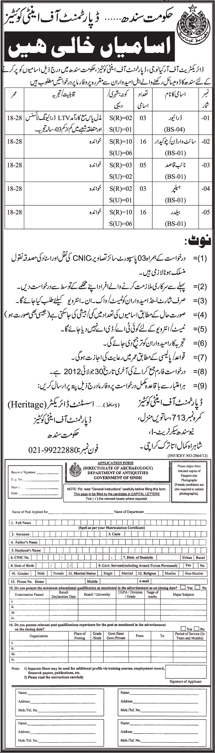 Department of Antiquities Requires Low Staff (Government of Sindh)