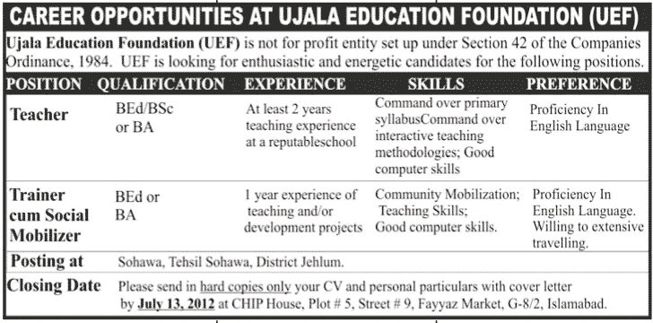 Ujala Education Foundation (UEF) Requires Teacher and Social Mobililzer