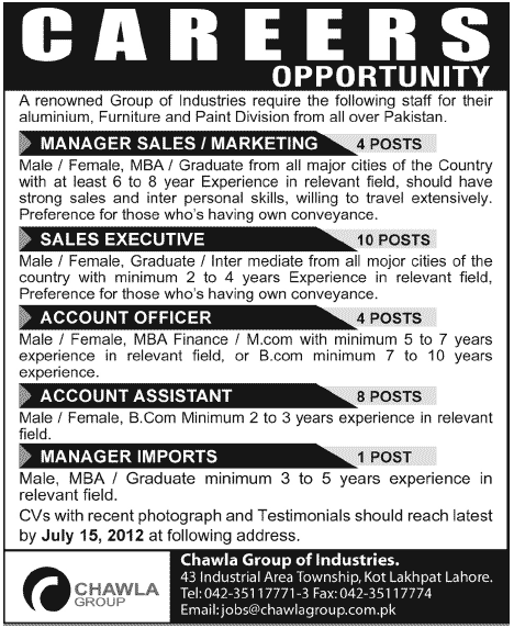 Management and Accounts Staff Required by an Renowned Group of Industries (Private Sector Job)