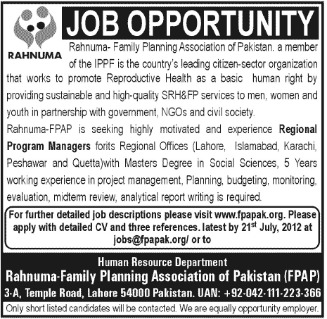 Rahnuma Family Planning Association of Pakistan Requires Regional Program Managers (NGO. Jobs)