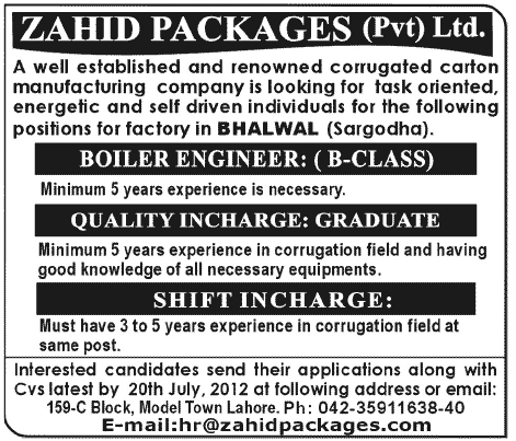A Carton Manufacturing Company Requires Boiler Engineer and Shift Incharge (Industrial Sector Job)