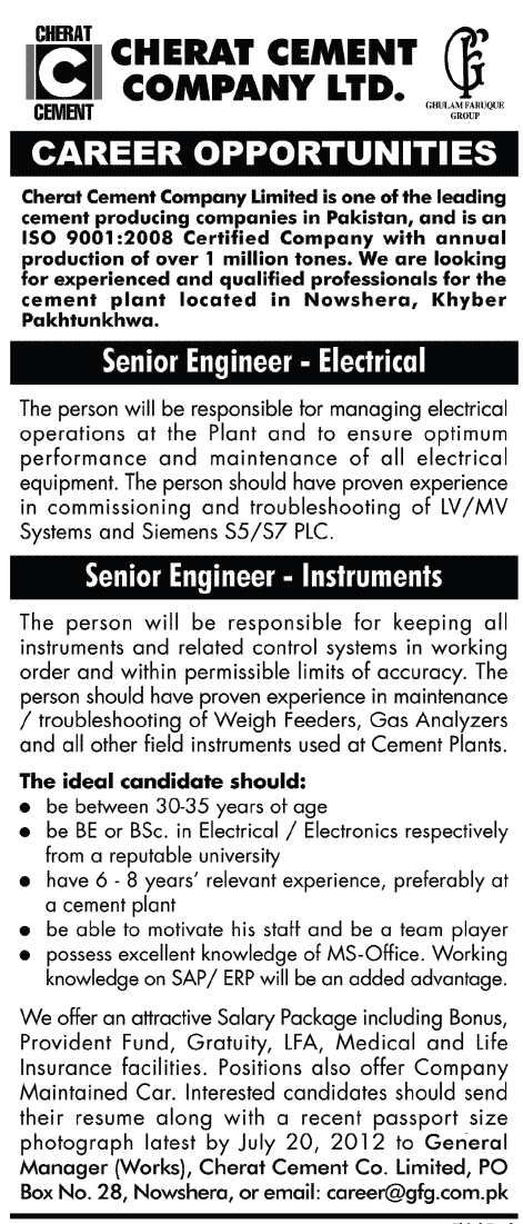 Electrical and Instrument Engineers Required at Cherat Cement Company Ltd. (Industrial Sector job)