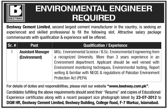 Bestway Cement Limited Requires Assistant Manager (Enviornment) (Industrial Sector job)